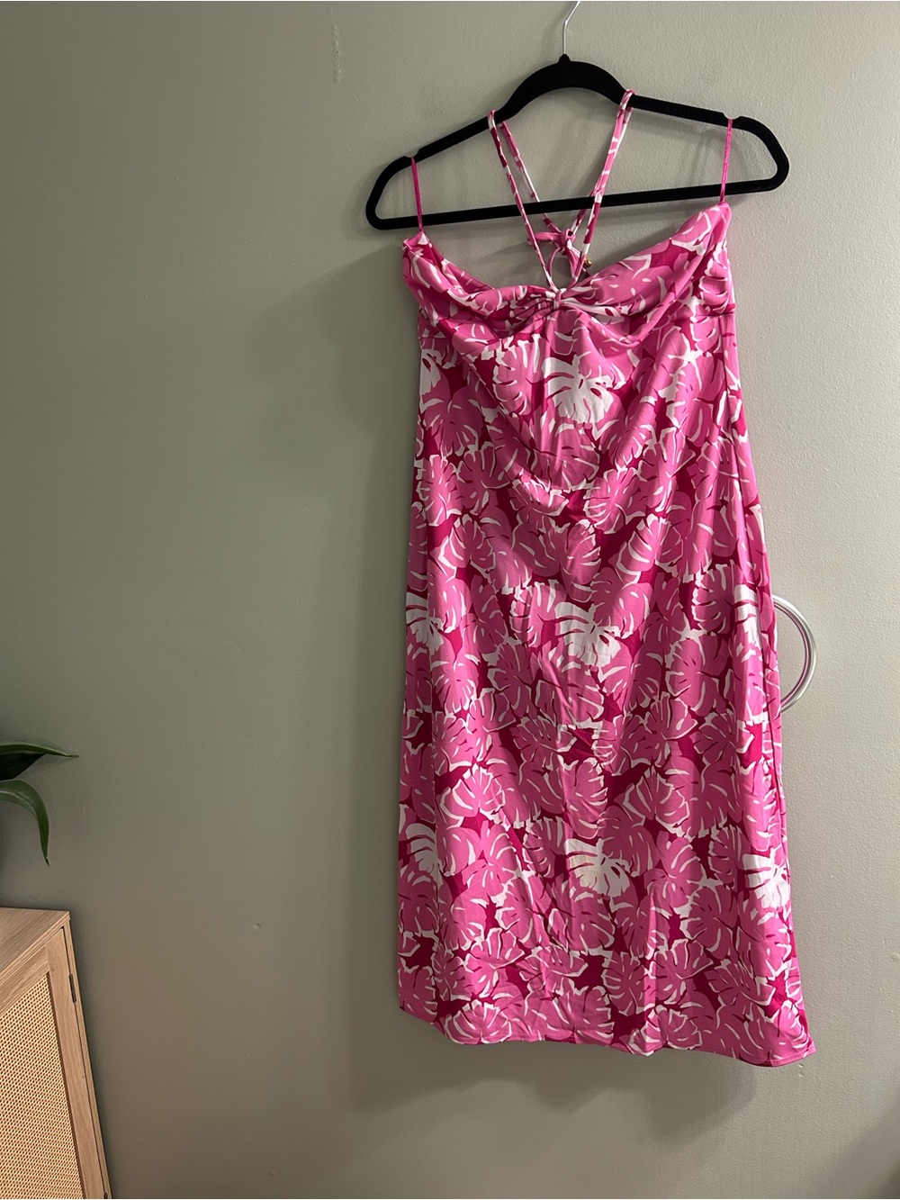 Micheal Kors pink tropical palm leaf strapless or halter summer dress cover up